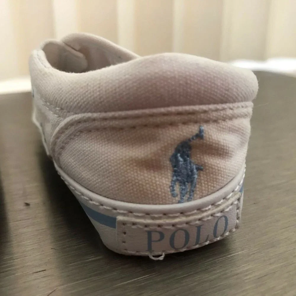 Ralph Lauren Baby Boy Canvas Shoes Slip On White Light Blue Logo Size 2 - Picture 7 of 11
